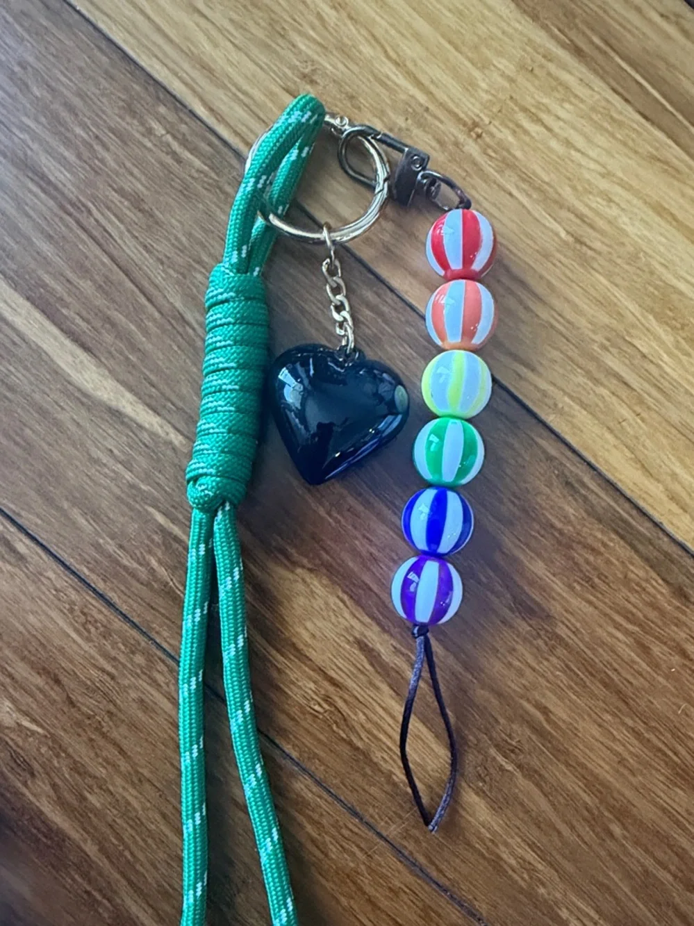 Heart Charm & Beaded Rainbow Keychain - Green